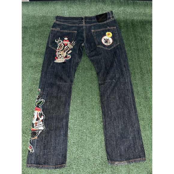 Y2K Ed Hardy x Christian Audigier Skull/Flower Denim Baggy Jeans Men's 36x33 - Picture 2 of 9